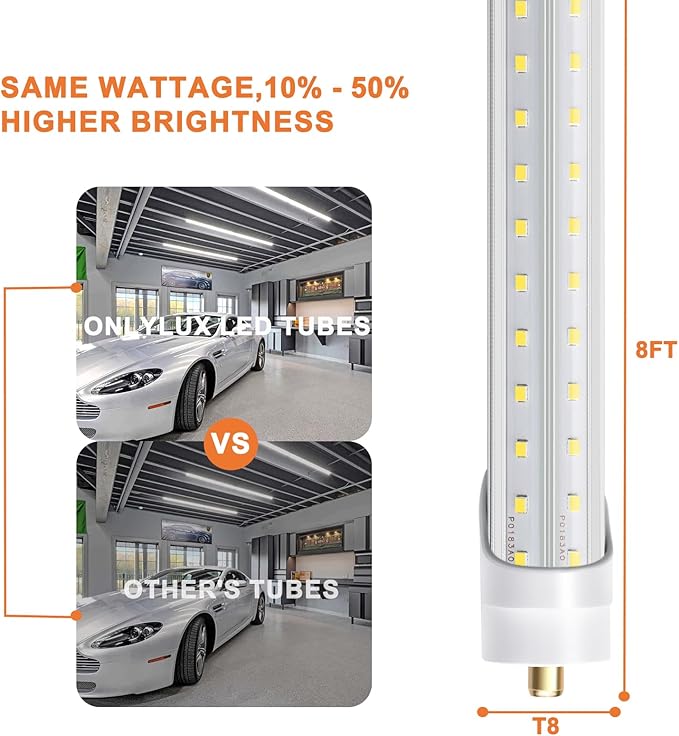 8ft LED Bulbs, 8 Foot LED Shop Light Bulb 72W 6000K 10000lm, Super Bright,T8 T10 T12 V Shape FA8 Lights, Clear Cover, F96T12 Bulbs to Replace Fluorescent Light Bulbs(Pack of 12)