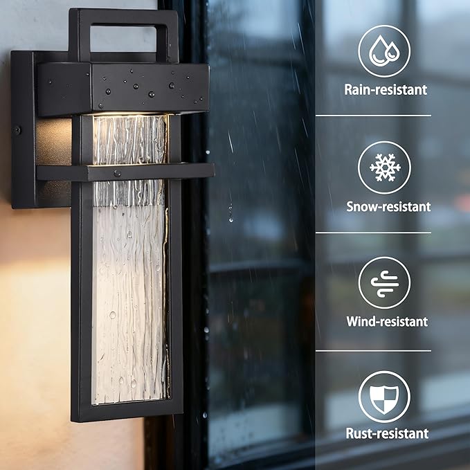 Alighting Modern Outdoor Light Fixture Black Outdoor Porch Lights for House with Water Glass 12W 3000K LED Modern Wall Sconce Lantern for Garage Patio Wall Light Fixture