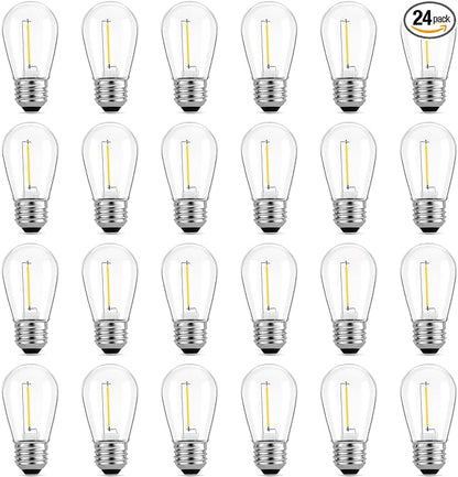 Meconard 24-Pack LED 1W String Light Bulbs, S14 Plastic Shatterproof Edison Vintage Style Replacement 1 Watt Outdoor Light Bulbs 2200K, Waterproof, Warm White Equivalent to 11w, E26 Base