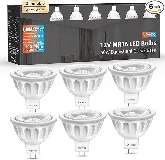 6 Pack Dimmable MR16 LED Bulbs, 12V 5W(50-Watt Equivalent), 3000K Warm White, GU5.3 Bi-Pin Base, 40-Degree, Indoor Outdoor Landscape Spotlight Track Recessed Lighting