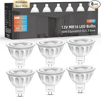6 Pack Dimmable MR16 LED Bulbs, 12V 5W(50-Watt Equivalent), 3000K Warm White, GU5.3 Bi-Pin Base, 40-Degree, Indoor Outdoor Landscape Spotlight Track Recessed Lighting