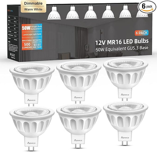 6 Pack Dimmable MR16 LED Bulbs, 12V 5W(50-Watt Equivalent), 3000K Warm White, GU5.3 Bi-Pin Base, 40-Degree, Indoor Outdoor Landscape Spotlight Track Recessed Lighting