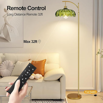 Gold Floor Lamps for Living Room Vintage Green Floor Lamp with Remote Control & Glass Lampshape,Dimmable Mid Century Modern Standing Lamp Tall Flower Lamp Brass Floor lamp for Bedroom Corner