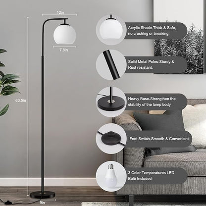 Floor Lamps for Living Room, 3 Color Temperature Bedroom Standing Lamps with Shatter-Resistant Shade, Modern Stand Up Lamp Office Floor Lamps for Bedroom Kids Room Reading Room, Black