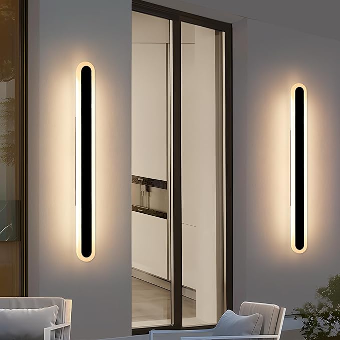 2 Pack 47.2inch Modern Outdoor Wall Sconce, Dimmable Oval Exterior LED Light Fixture 3000K-6000K, IP65 Waterproof, Black Strip Wall Mount Lighting for Balcony, Garden, Patio with Remote Control