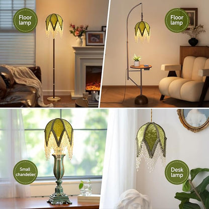 Tassel lampshade - Retro country style green bead tassel lampshade,18cm artistic atmosphere replacement lamp accessory for living room