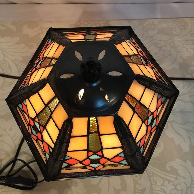 Bieye L10791 Mission Style Table Lamp Tiffany Stained Glass Night Light with Hexagonal Cone Lampshade, 10" W x 16" H