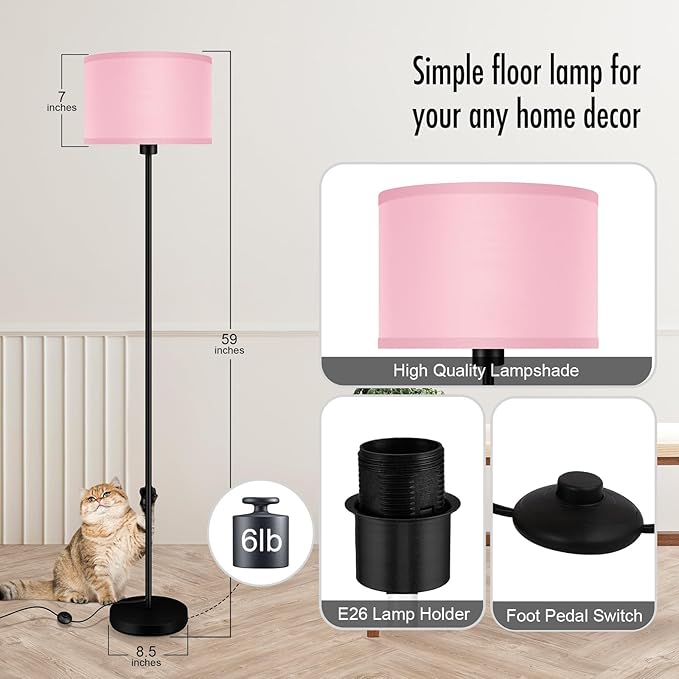 Floor Lamp Pink, Standing Lamp, Small Floor Lamps with Lampshade, 59" Tall Lamps for Bedroom, Foot Switch, Simple Corner Pole Lamp for Kids Room, Girls Room, Nursery, Office(NO Bulb, E26 Base)