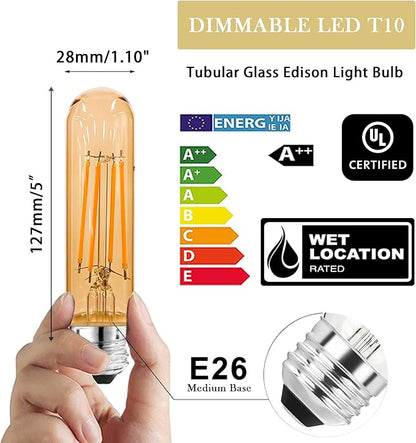 5 Inch E26 Led Bulb Equal 80 Watt, 2200K Amber White Vintage Edison Bulb 6W Dimmable, 800LM T10 T9 Glass Tubular Light Bulbs AC 120V for Chandelier Pipe Pendant Wall Light - UL Cert 6Pack