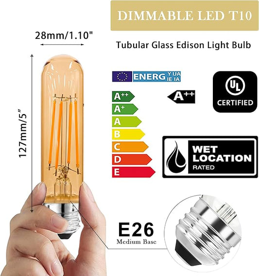 5 Inch E26 Led Bulb Equal 80 Watt, 2200K Amber White Vintage Edison Bulb 6W Dimmable, 800LM T10 T9 Glass Tubular Light Bulbs AC 120V for Chandelier Pipe Pendant Wall Light - UL Cert 6Pack