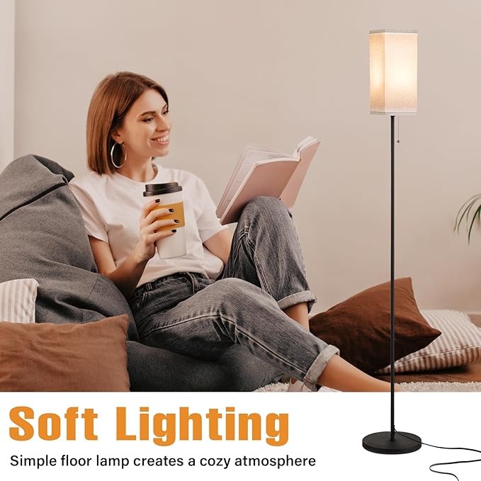 Floor Lamps for Living Room, Modern Standing Lamp with Pull Chain Switch, 3 Color Temperature Black Pole Lamp with Lampshade, 9W LED Bulb Tall Lamps for Bedroom Office Kid Room