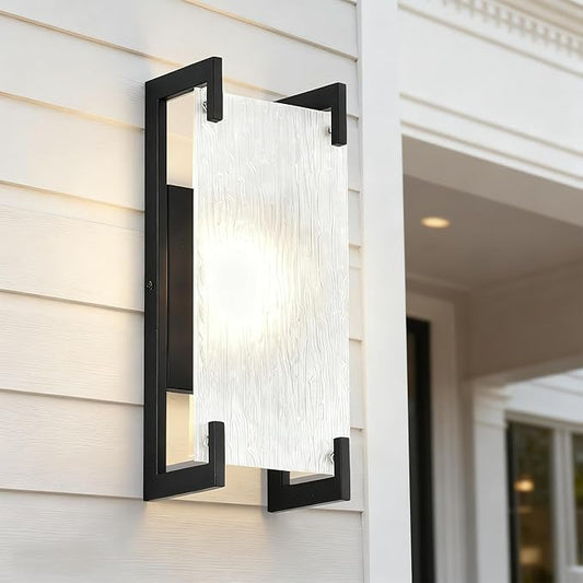 Alighting Modern Black LED Outdoor Wall Sconce – Waterproof Exterior Lighting Fixture with Rippled Glass, 12W 3000K Warm White Outdoor Porch Light for House, Garage, Patio, Garden