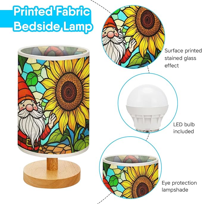 Gnome with Sunflower Table Lamp LED 3-Color Pressed Bedside, Gnome with Sunflower Shade Lamp with Wood Base for Bedroom Living Room Desk Office TL01