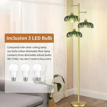 Glass Floor Lamp for Living Room,Bedroom,Mid Century Modern Standing Lamp Brass Tree 3 Light Tall Floor Lamps Vintage Retro Floor Lights Gold Green Flower Lamp Shade Farmhouse Boho Bohemian