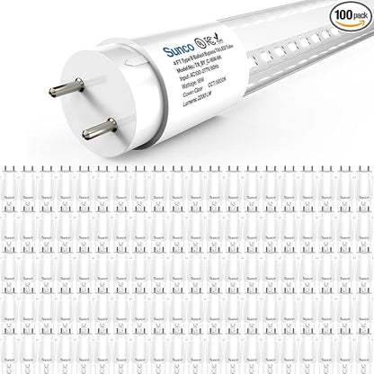 Sunco 100 Pack T8 LED Bulbs 4 Foot, Tube Light Bulbs Ballast Bypass, 48 Inch Fluorescent Replacement, 2200 LM, 18W, 6000K Daylight Deluxe, Single Ended Power, Type B, Clear Lens UL.