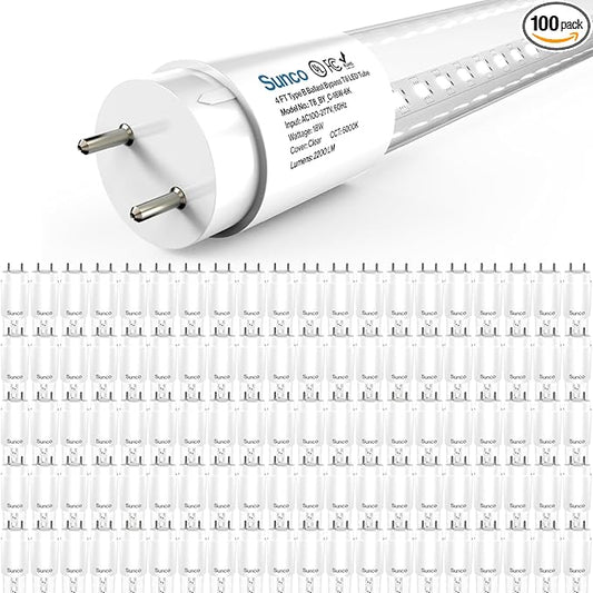 Sunco 100 Pack T8 LED Bulbs 4 Foot, Tube Light Bulbs Ballast Bypass, 48 Inch Fluorescent Replacement, 2200 LM, 18W, 6000K Daylight Deluxe, Single Ended Power, Type B, Clear Lens UL.