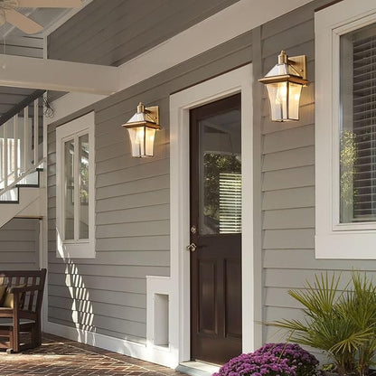 Waterproof Brass Outdoor Wall Lanterns (2-Pack) - E26 Socket & Glass Shade Exterior Wall-Mounted Lights, Rustproof Modern Sconces for Front Door, Porch, Yard & Entryway