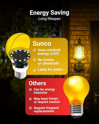 Sunco Yellow Light Bulbs Outdoor A19, LED Bug Lights for Outside Dusk to Dawn, 480 LM, 9W, 2000K Amber Glow, Auto On/Off Photocell Sensor, E26 Base, for Porch Patio Deck Backyard UL 4 Pack.