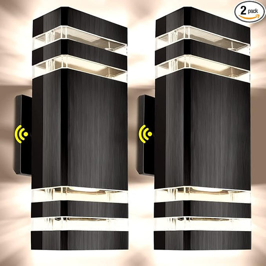 Outdoor Wall Light Dusk to Dawn, Exterior Sconce Lighting Fixture, Up and Down Porch Light Waterproof Aluminum Square PC and Tempered Glass Cover 3000k 7W 2Pack Black Certificate ETL