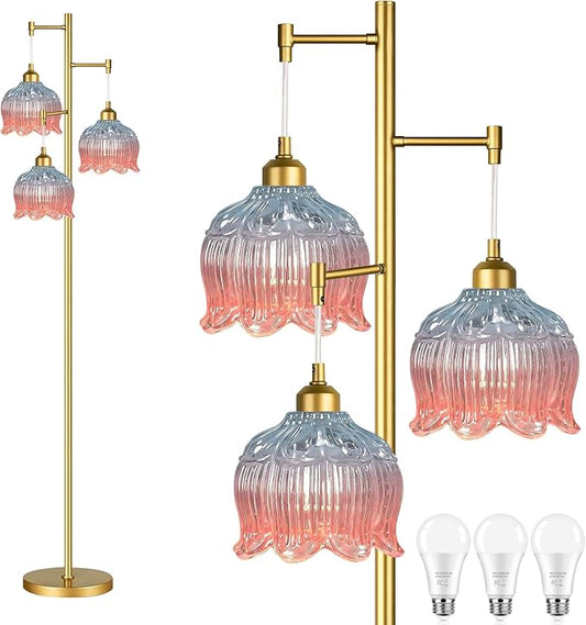 Gold Floor Lamp for Living Room,Bedroom,Mid Century Modern Standing Lamp Brass Tree 3 Light Tall Floor Lamps Vintage Retro Floor Lights Glass Flower Lamp Shade Farmhouse Boho Bohemian