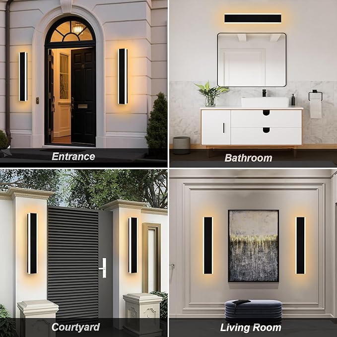 Yaohong 2 Pack 24 inch Long Outdoor LED Wall Lights, Modern Black 3000K-6000K Dimmable Exterior Lighting Fixtures, IP65 Waterproof Outdoor House Lights Wall Mount Outside Wall Lights for House Garage