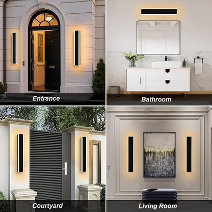 Yaohong 2 Pack 24 inch Long Outdoor LED Wall Lights, Modern Black 3000K-6000K Dimmable Exterior Lighting Fixtures, IP65 Waterproof Outdoor House Lights Wall Mount Outside Wall Lights for House Garage