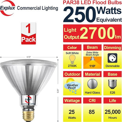 Explux 250 Watt Equivalent PAR38 LED Flood Light Bulbs, Super Bright 2700 Lumens, Dimmable, Full-Glass Outdoor Waterproof & Anti-Ageing, 2700K Soft White Spotlight, 1-Pack