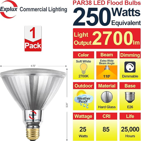 Explux 250 Watt Equivalent PAR38 LED Flood Light Bulbs, Super Bright 2700 Lumens, Dimmable, Full-Glass Outdoor Waterproof & Anti-Ageing, 2700K Soft White Spotlight, 1-Pack
