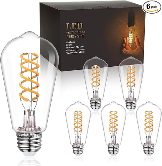 ST58 (ST19) Vintage Edison LED Bulb,Soft White 2700K,Antique Flexible Spiral LED Filament Light Bulb,600LM,6W Equivalent to 60W,CRI 80+,E26 Base,Clear Plastic,6 Pack
