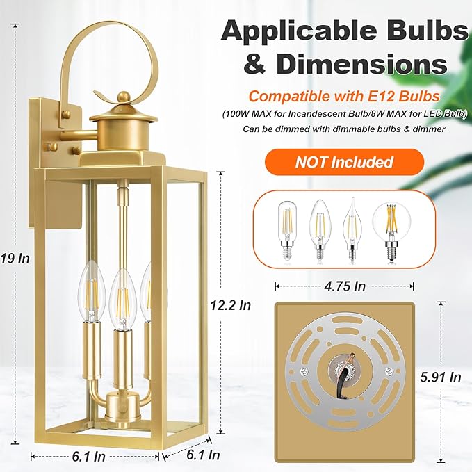 19'' Large Outdoor Wall Lantern, Gold Waterproof Outside Wall Sconce Lights for House, Anti-Rust Exterior Lighting Fxitures with Clear Glass Shade for Front Porch, Garage, Patio, 1-Pack