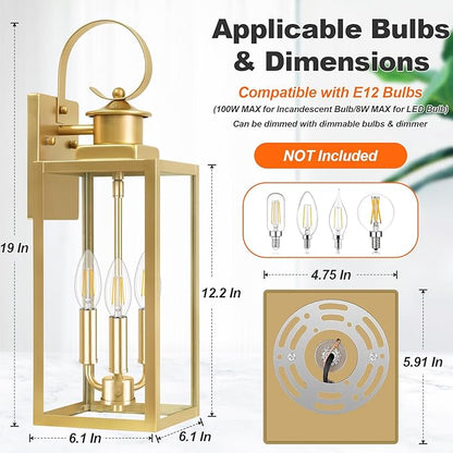 19'' Large Outdoor Wall Lantern, Gold Waterproof Outside Wall Sconce Lights for House, Anti-Rust Exterior Lighting Fxitures with Clear Glass Shade for Front Porch, Garage, Patio, 1-Pack