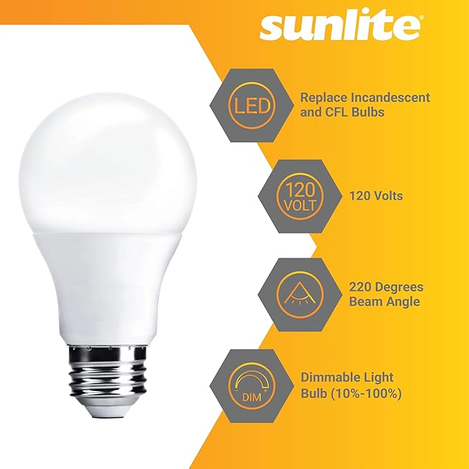 Sunlite LED A19 Light Bulb, 6 Watts (40 Watt Equivalent), 480 Lumens, 120 Volts, Dimmable, Medium E26 Base, UL Listed, RoHS, 6500K Daylight, 12 Pack