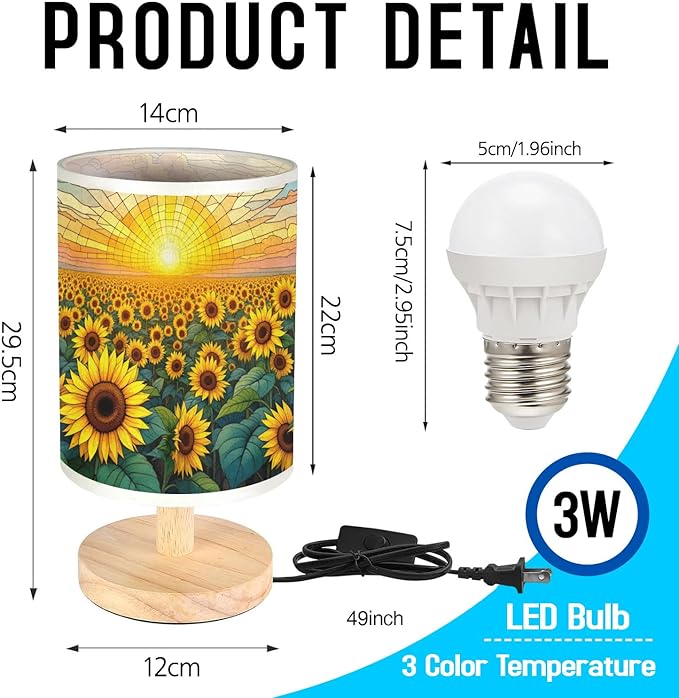 Sunflower Field Table Lamp LED 3-Color Pressed Bedside, Sunflower Field Shade Lamp with Wood Base for Bedroom Living Room Desk Office TL01