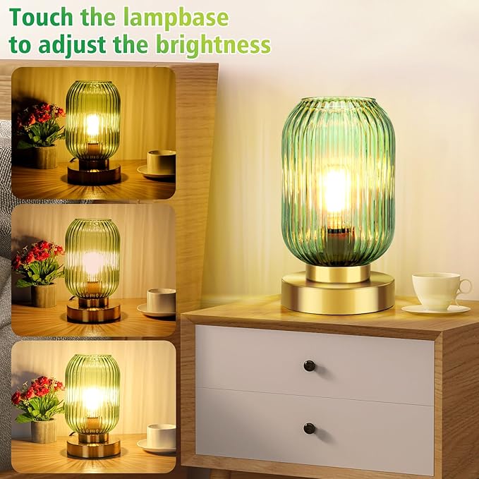Mid Century Modern Table Lamp, Touch Control & 3 Way Dimmable, Green Ribbed Glass Shade, Small Gold, Vintage Bedside Lamp for Bedroom, Living Room,Office (Bulb Included)