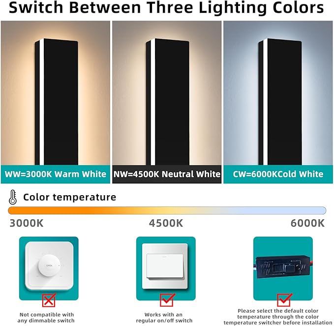 Upgrade Widened 2 Pack Outdoor Wall Light Fixture, 23.6inch Modern Long Linear LED Sconces, 3 Color 3000K/4500K/6000K, IP65 Waterproof, 24W, Exterior Lighting for House, Patio, Garage, Fence