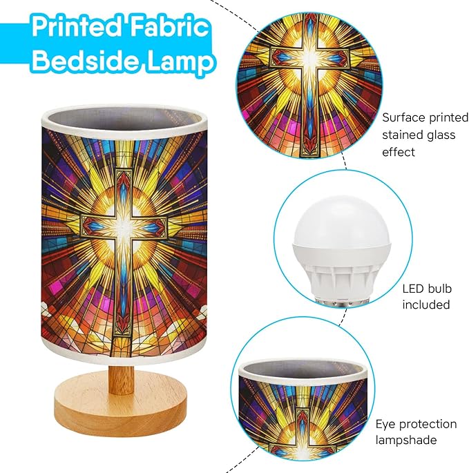 Cross Table Lamp LED 3-Color Pressed Bedside, Cross Shade Lamp with Wood Base for Bedroom Living Room Desk Office TL01
