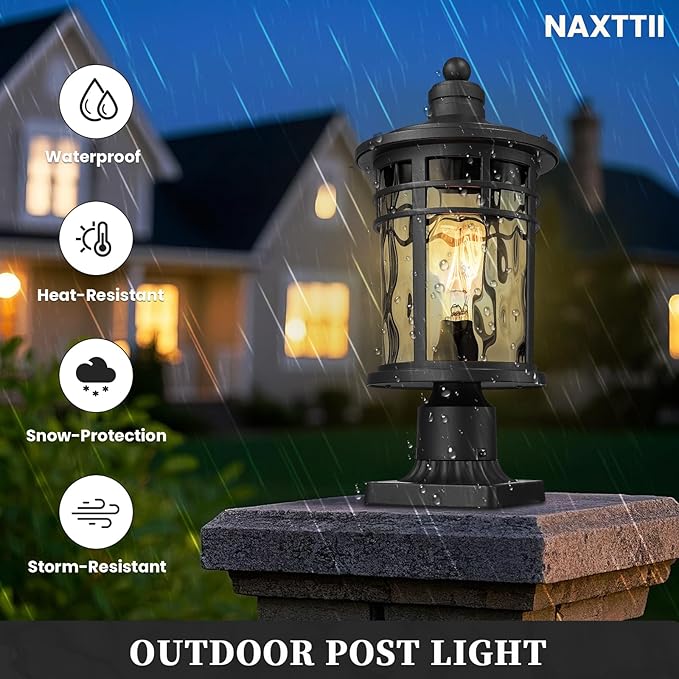 Outdoor Post Light Hardwired Waterproof Aluminum Pole Light Fixture with Water Ripple Glass Exterior Lamp Post Lantern for Garden Yard Patio Pathway 14.6 Inch E26 Socket