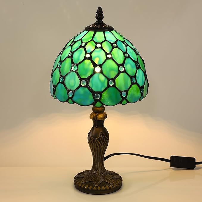 Tiffany Table Lamp Blue Beads Stained Glass 3 Way Table Lamps for Living Room Nightstand Bedside Bedroom Home Office Desk Lamps W/LED Bulb 8X8X15Inch