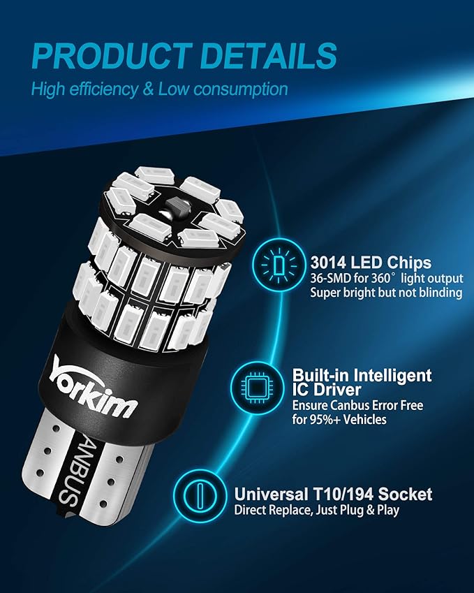 Yorkim 194 LED Bulb Red Error Free T10 Led Bulb168 LED Bulb for Interior Dome Map Door Courtesy Trunk License Plate Lights, 168 192 2825 W5W Bulbs Replacement for 12V Car, Pack of 2