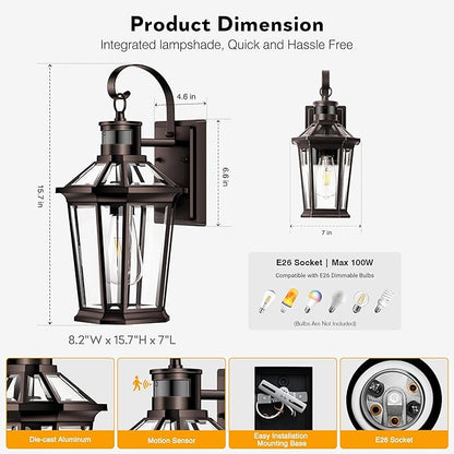 VIANIS Motion Sensor Outdoor Lights, 2 Packs Oil Rubbed Bronze Dusk to Dawn Outdoor Wall Lights Exterior, 100% Anti-Rust Aluminum Front Porch Wall Lantern, Modern Outdoor Wall Sconce for House, E26