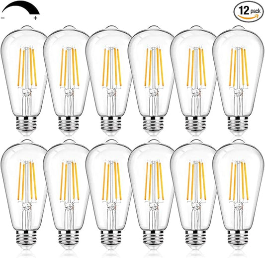 12Packs ST64 Large Vintage LED Edison Bulbs, 60W Equivalent 7W, 800Lumens, Dimmable Antique LED Filament, 2700K Warm White, E26 Medium Base Light Bulbs High Brightness Clear Glass for Bedroom Office