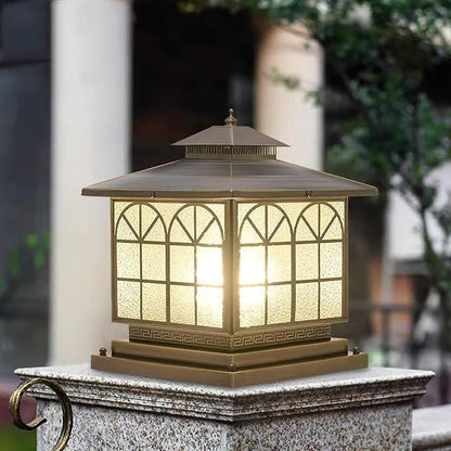 All Copper Steel Glass Outdoor Post Lights, Waterproof Pillar Light, Vintage Patio Lawn Column Lamp,Outdoor Column Lights,Deck Lights, Lantern Fence Lamp Fixture E26 Base (Arch Glass, 12X12IN)