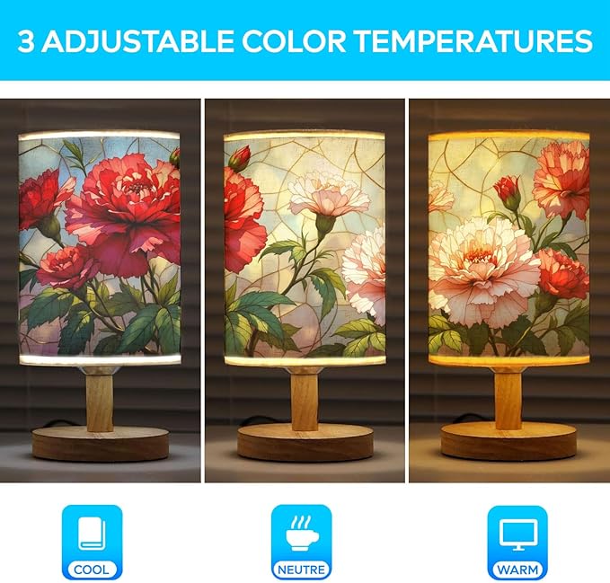 Carnation Table Lamp LED 3-Color Pressed Bedside, Carnation Shade Lamp with Wood Base for Bedroom Living Room Desk Office