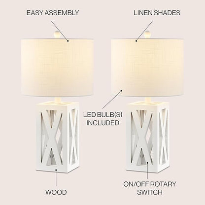 JONATHAN Y JYL1062B-SET2 Stewart 21.5" Wood LED Table Lamp Farmhouse, French Country, Rustic, Bohemian, Bedroom, Living Room, Office, College, Bookcase, White (Set of 2)