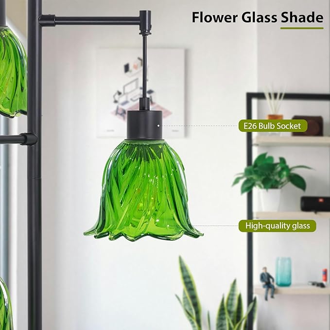Mid-Century Modern Floor Lamp with Green Flower Glass Shade - Vintage Brass Tree Standing Light for Living Room, Bedroom, Reading Book - Farmhouse, Bohemian, Boho Chic Home Decor