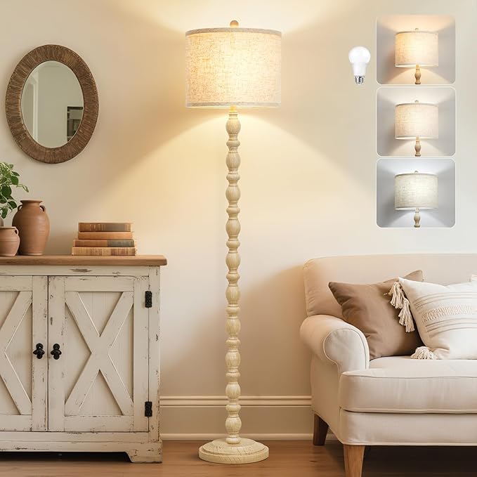 62" Floor Lamps for Living Room, Adjustable Color Temperature Standing Lamp, Vintage Farmhouse Floor Lamp with Rotary Switch, Rustic Resin Tall Lamps for Living Room, Bedroom, Office, Corner (Cream)