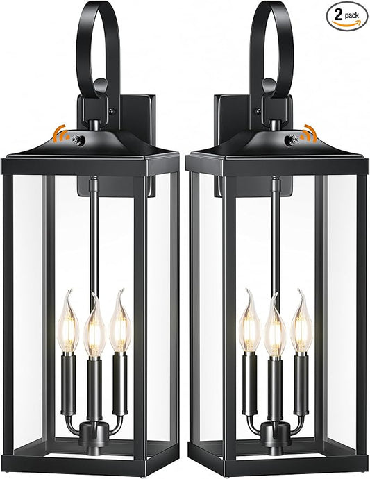 2 Packs 24" Extra Large Dusk to Dawn Light Fixture 3-Light, Black Outdoor Porch Lantern Wall Mounted, Waterproof Modern Outside Wall Sconce Coach Lamp for House, E12