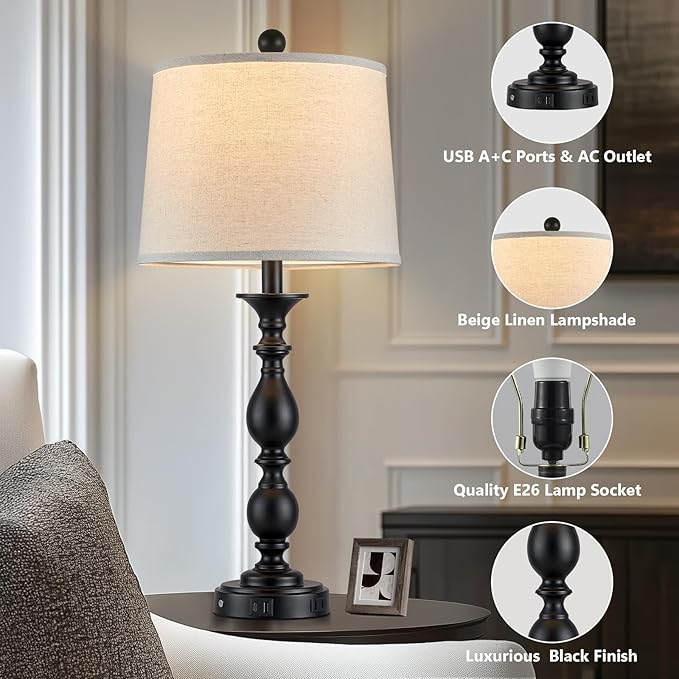 28" Black Modern Table Lamps Set of 2 with USB C+A Ports and AC Outlet, 3 Way Touch Control Tall Bedside Lamps for Bedroom, Metal Farmhouse Nightstand Lamps for Living Room