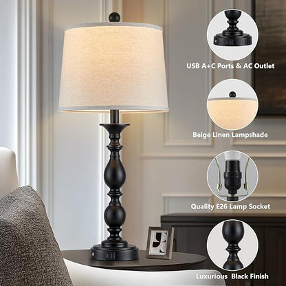 28" Black Modern Table Lamps Set of 2 with USB C+A Ports and AC Outlet, 3 Way Touch Control Tall Bedside Lamps for Bedroom, Metal Farmhouse Nightstand Lamps for Living Room