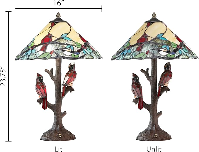 RIVER OF GOODS - Stained Glass Triple Lit Cardinals on Tree Table Lamp - 23.75" in - Table Lamp for Bedroom - Bedside Lamp - Desk Lamps for Home Office - Tiffany Style - Multi Color